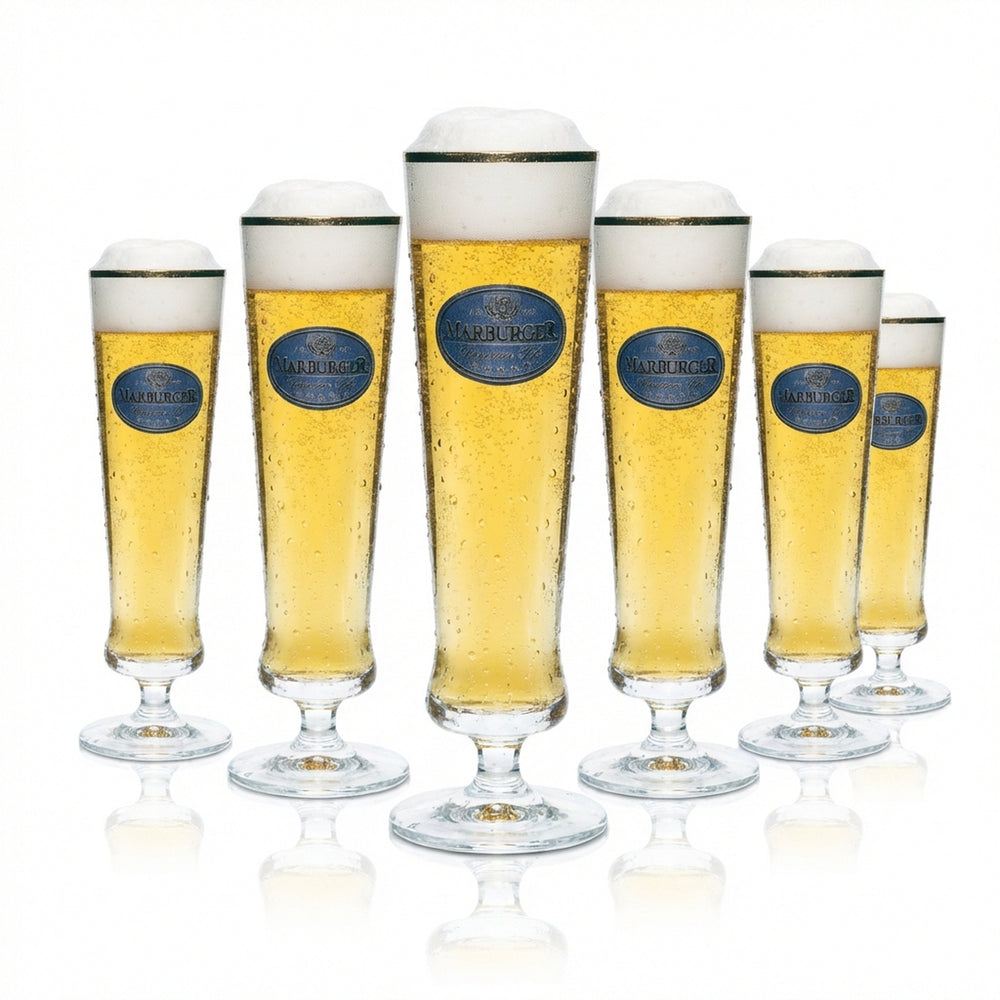 6x szklanka Marburger 0,2 l do piwa, kielich tulipanowy, złota obwódka, szklanki browarnicze, kalibrowane, gastronomiczne