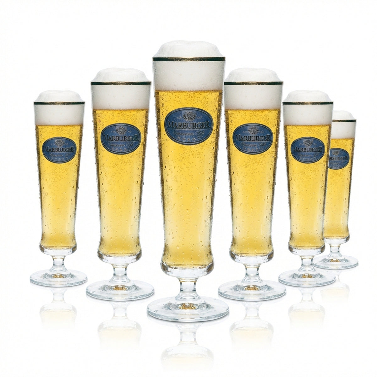 6x szklanka Marburger 0,2 l do piwa, kielich tulipanowy, złota obwódka, szklanki browarnicze, kalibrowane, gastronomiczne