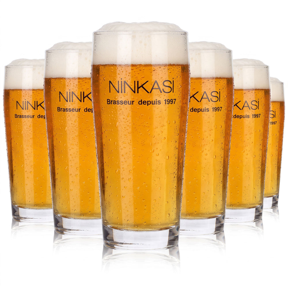 6 szklanych kubków do piwa Ninkasi o pojemności 0,33 l – „Brasseur depuis 1997” marki Arcoroc (zestaw 6 sztuk)