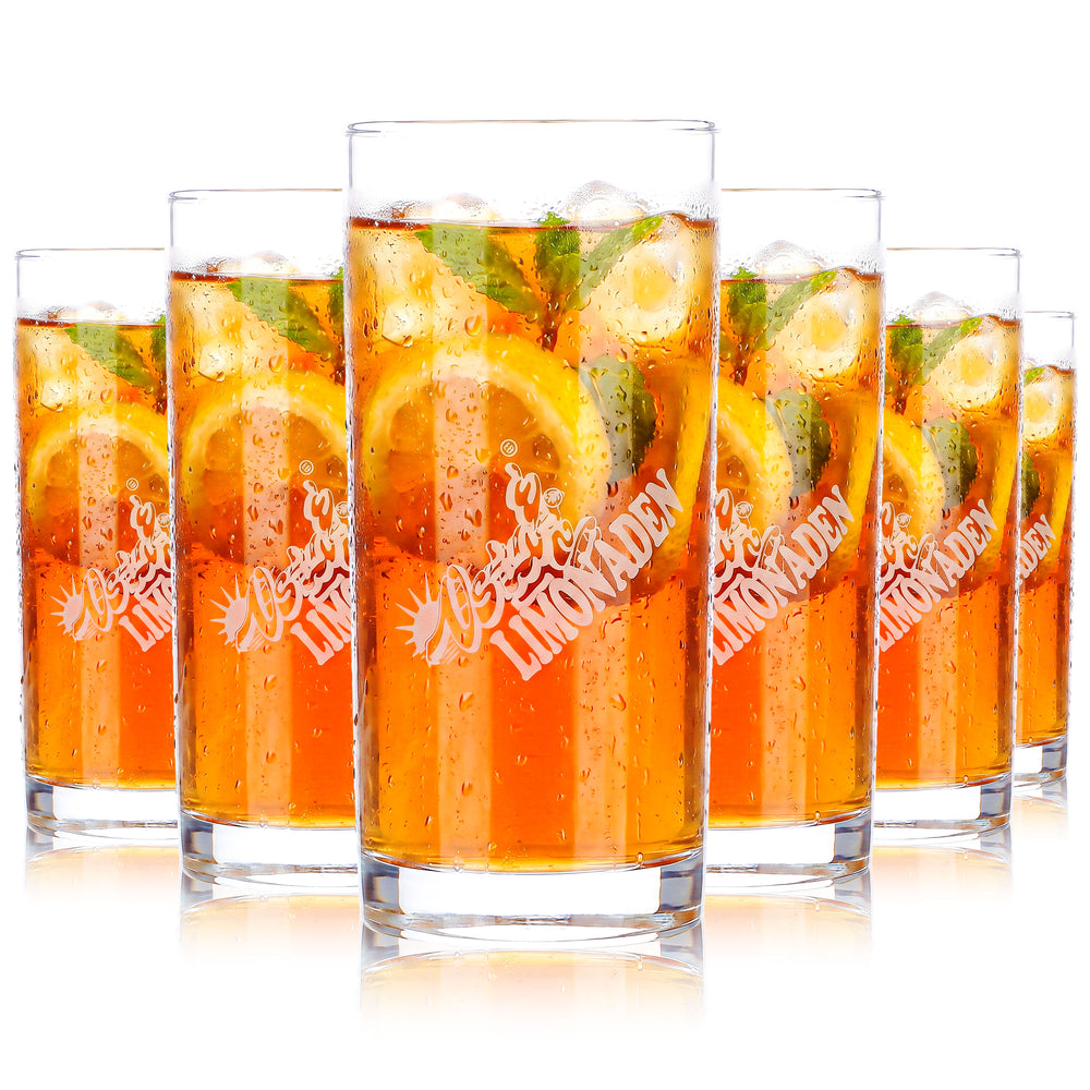 6 szklanych kubków Osta o pojemności 0,2 l z białym logo Osta Limonady