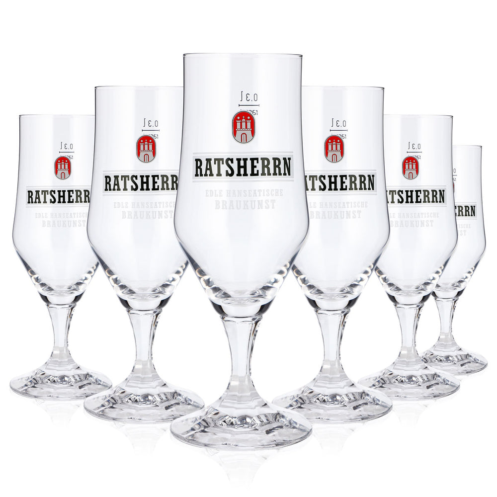 6 szklanek do piwa „Ratsherrn” 0,3 l, szklanki w kształcie pucharu z białym logo Rastal, szklanki do piwa typu pint (zestaw 6 sztuk)