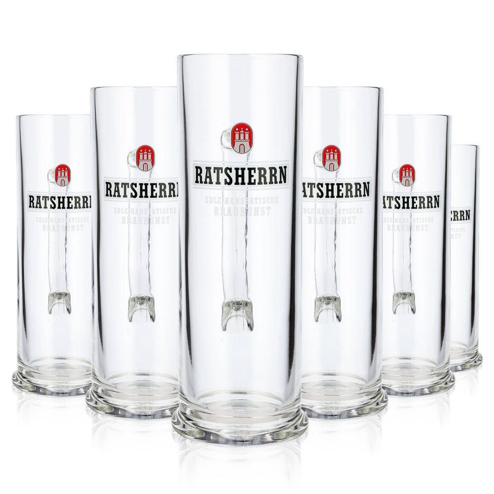 6 szt. szklanek piwnych „Ratsherrn” z białym logo „Hanseatische” (zestaw 6 sztuk)