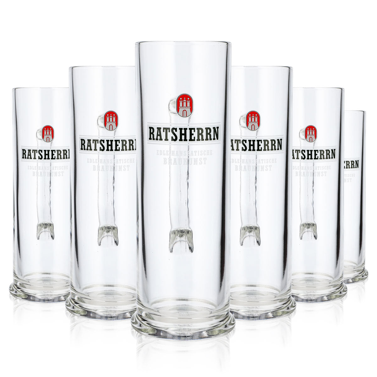 6 szt. szklanek piwnych „Ratsherrn” z białym logo „Hanseatische” (zestaw 6 sztuk)