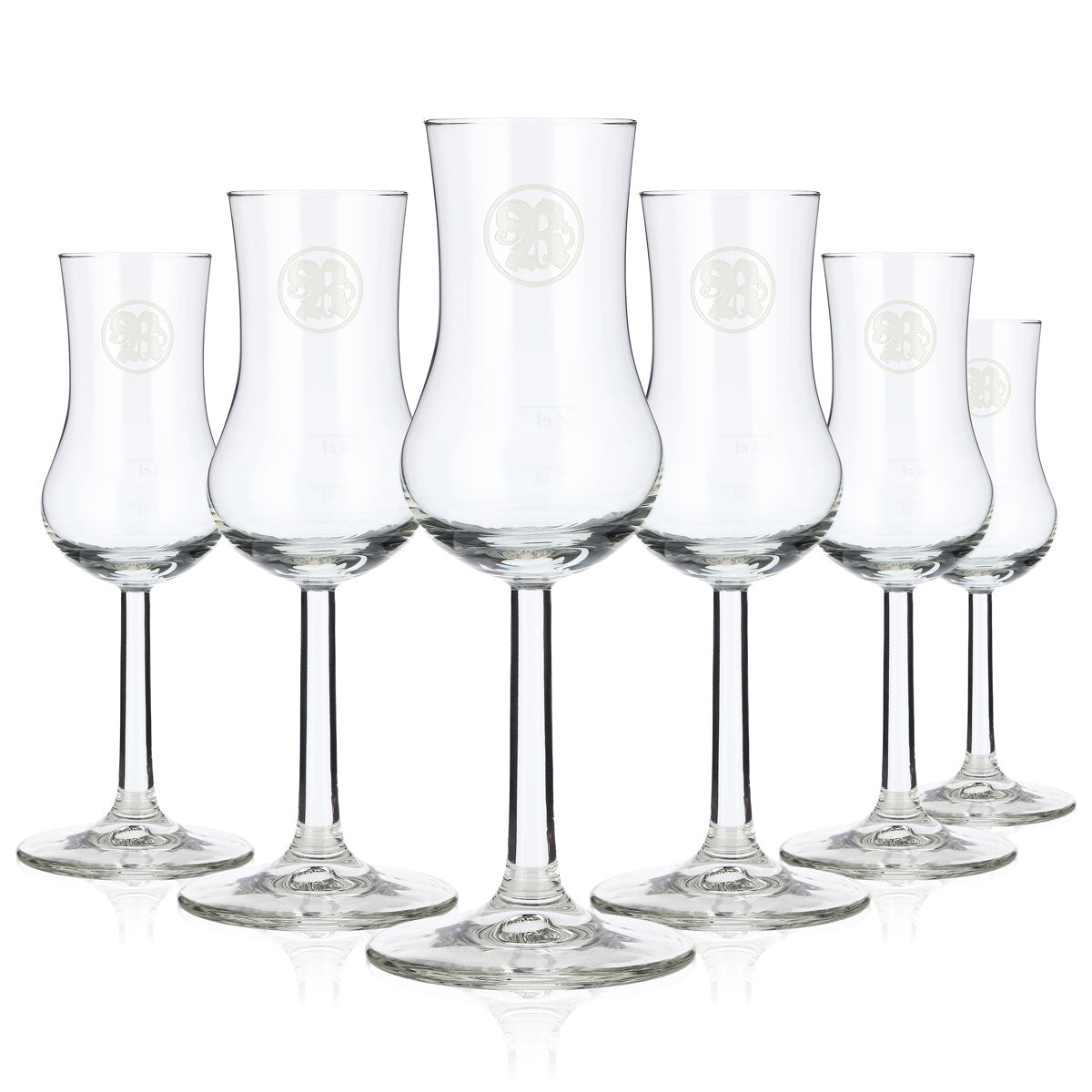 6x kieliszki do sznapsa Roner, szkło 2 cl/4 cl, kieliszek do grappy „R” z białym logo Rastal