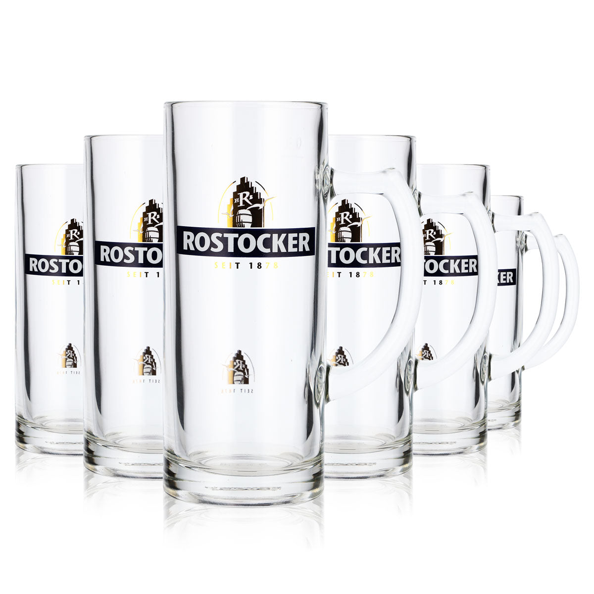 6x szklanka do piwa Rostocker Bier Glas Bierseidel 0,3 l, niebieski dzbanek ze złotym logo Rastal