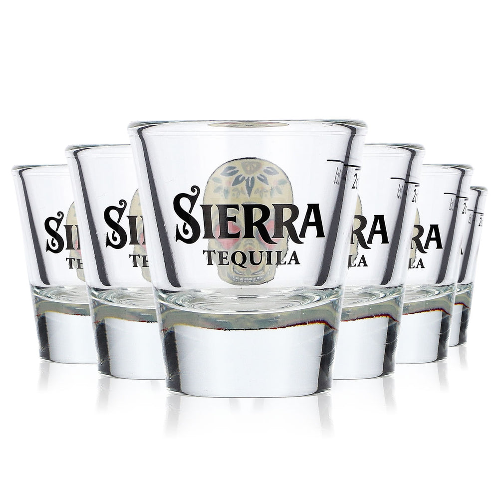 6 szt. kieliszków do tequili Sierra, kieliszki o pojemności 2 cl, z żółtym logo przedstawiającym czaszkę