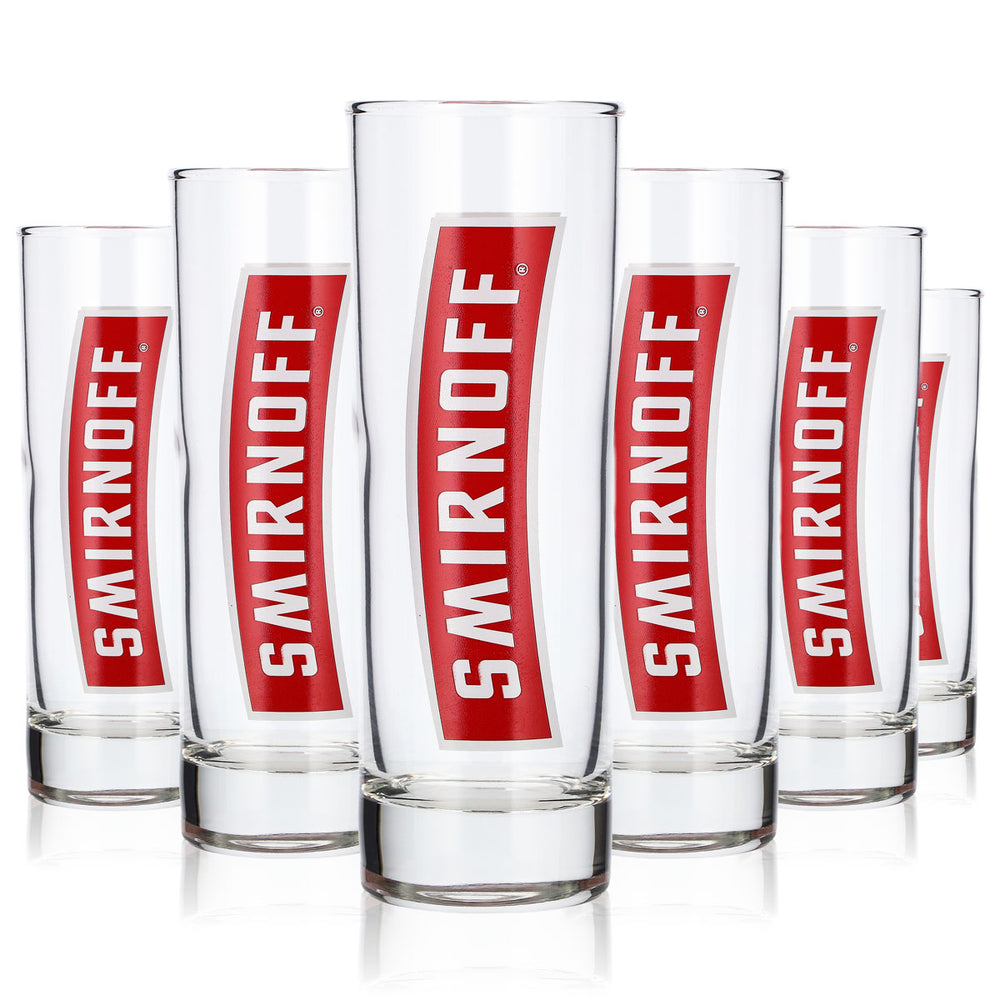 6 szt. kieliszków do wódki Smirnoff o pojemności 0,22 l, kieliszki typu long drink z czerwonym logo w pionie (zestaw 6 szt.)