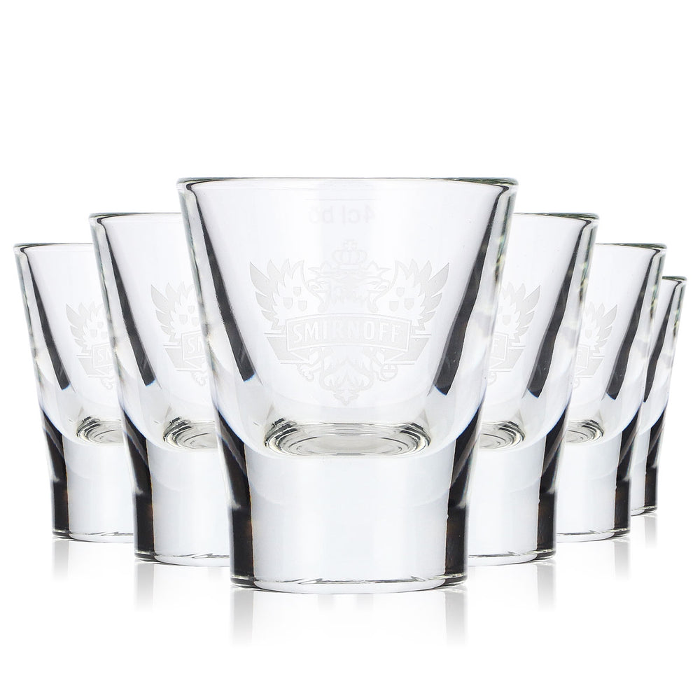 6 szklanek do wódki Smirnoff o pojemności 2 cl + kieliszki do shotów o pojemności 4 cl