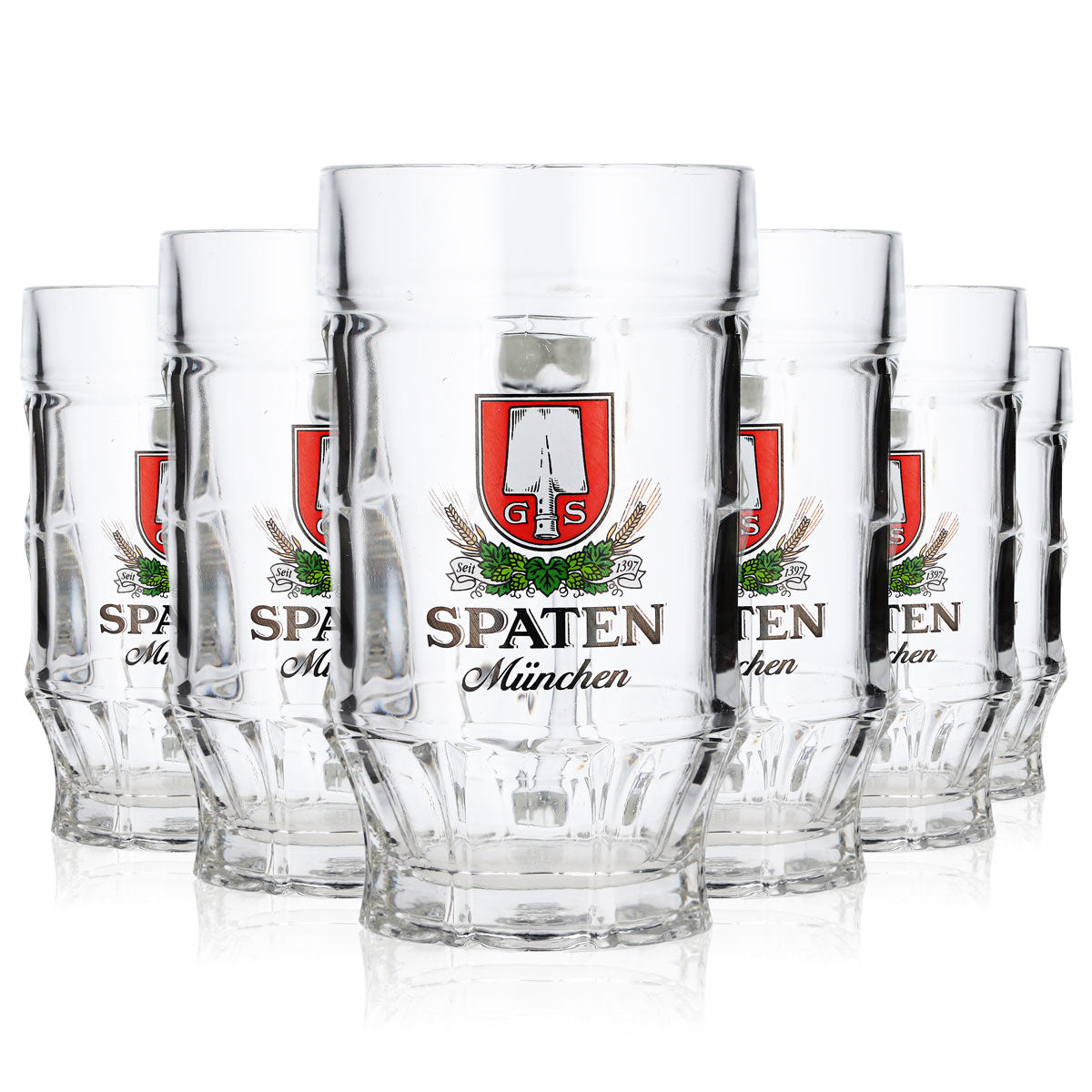6 szt. szklanek piwnych typu „Spaten” o pojemności 0,3 l, kufle piwne, kubki piwne, kufle z konturowym profilem „Monachium” – towar z drugiej ręki