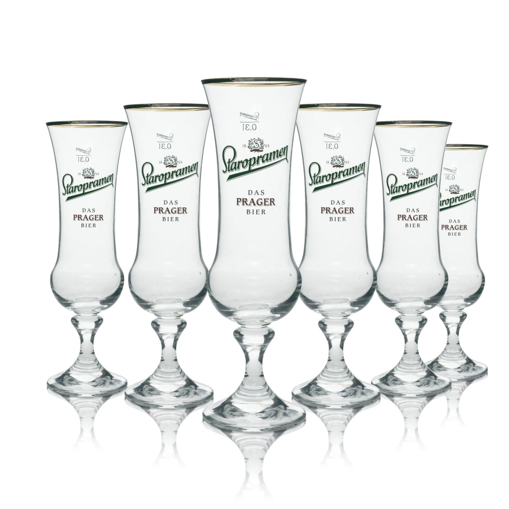 6x szklany kielich do piwa Staropramen "Prague Beer" 0.3l ze złotą obwódką