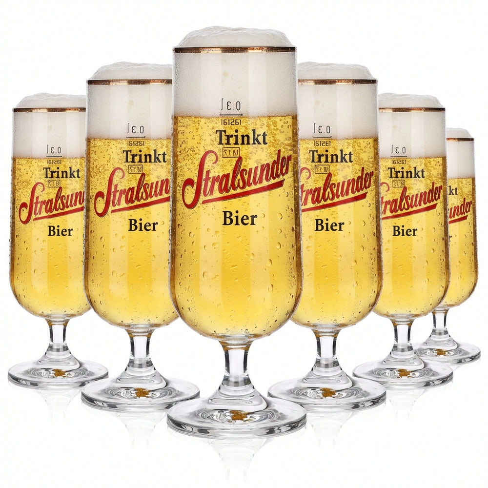 6x szklanki do piwa Stralsunder Glas 0,3 l z złotym brzegiem, zestaw szklanek typu pilz, browar Hanse