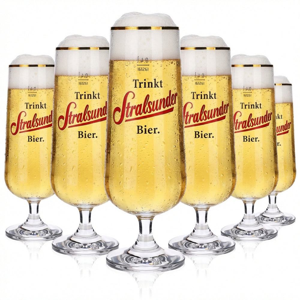 6x szklanki do piwa Stralsunder Glas 0,4 l z złotym brzegiem, zestaw szklanek do piwa Pilstulpe Hanse Brauerei