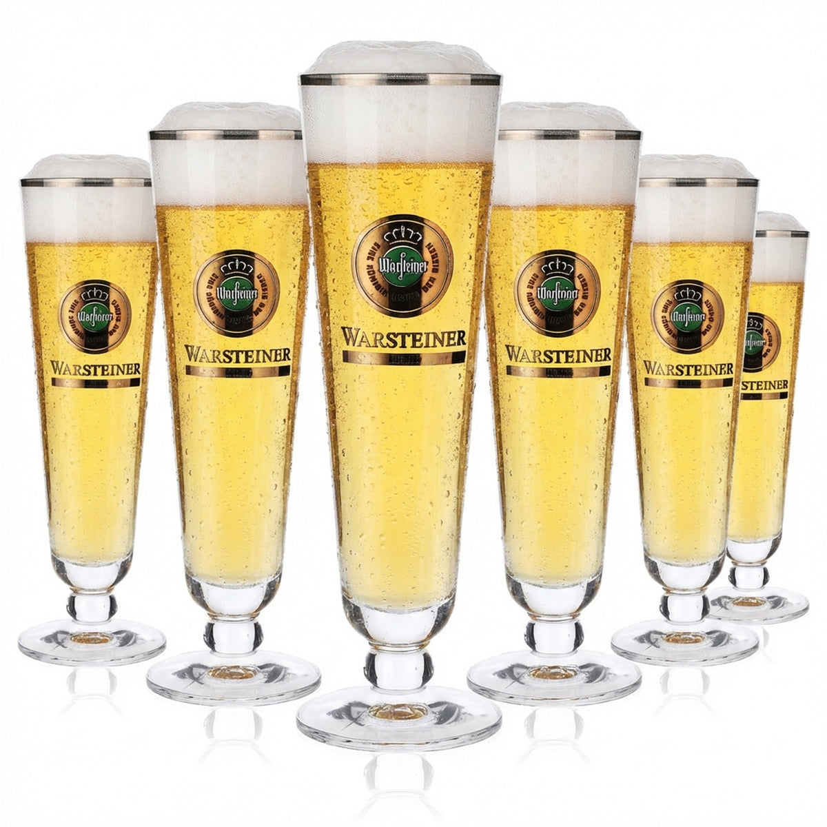 6x szklanki do piwa Warsteiner 0,2 l, zielone logo „Herb”, srebrna obwódka