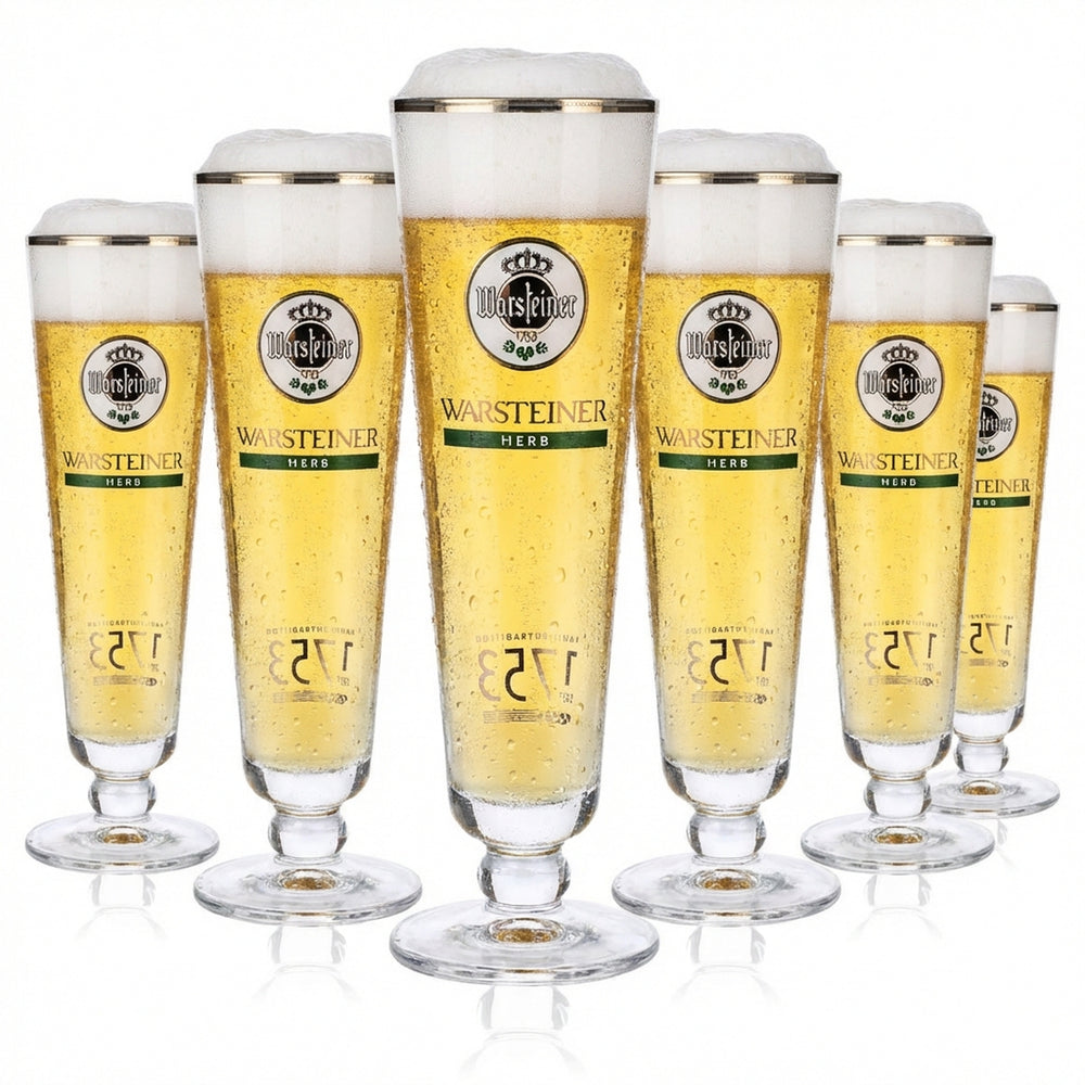 6x szklanki do piwa Warsteiner 0,2 l, białe logo „Herb”, srebrna obwódka