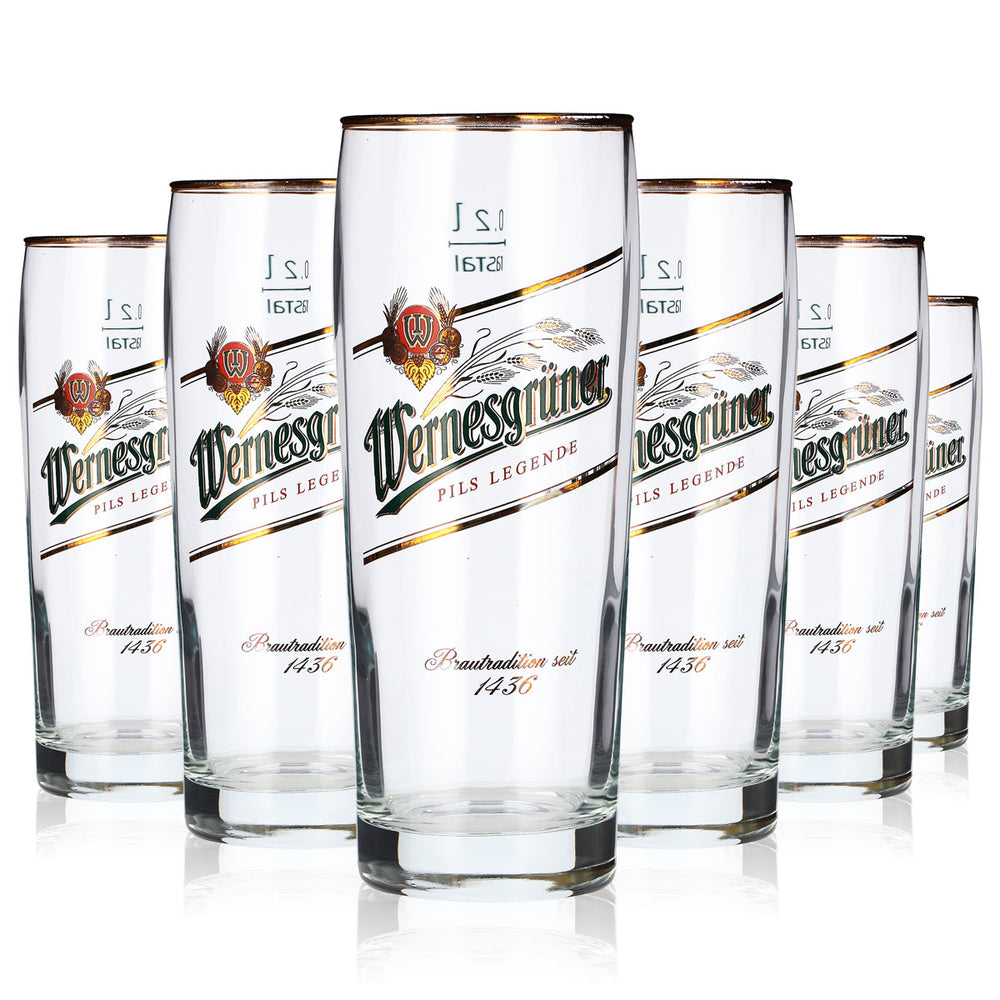 6 sztuk szklanek do piwa Wernesgrüner o pojemności 0,2 l, z złotym brzegiem, szklanki typu „Rastal”