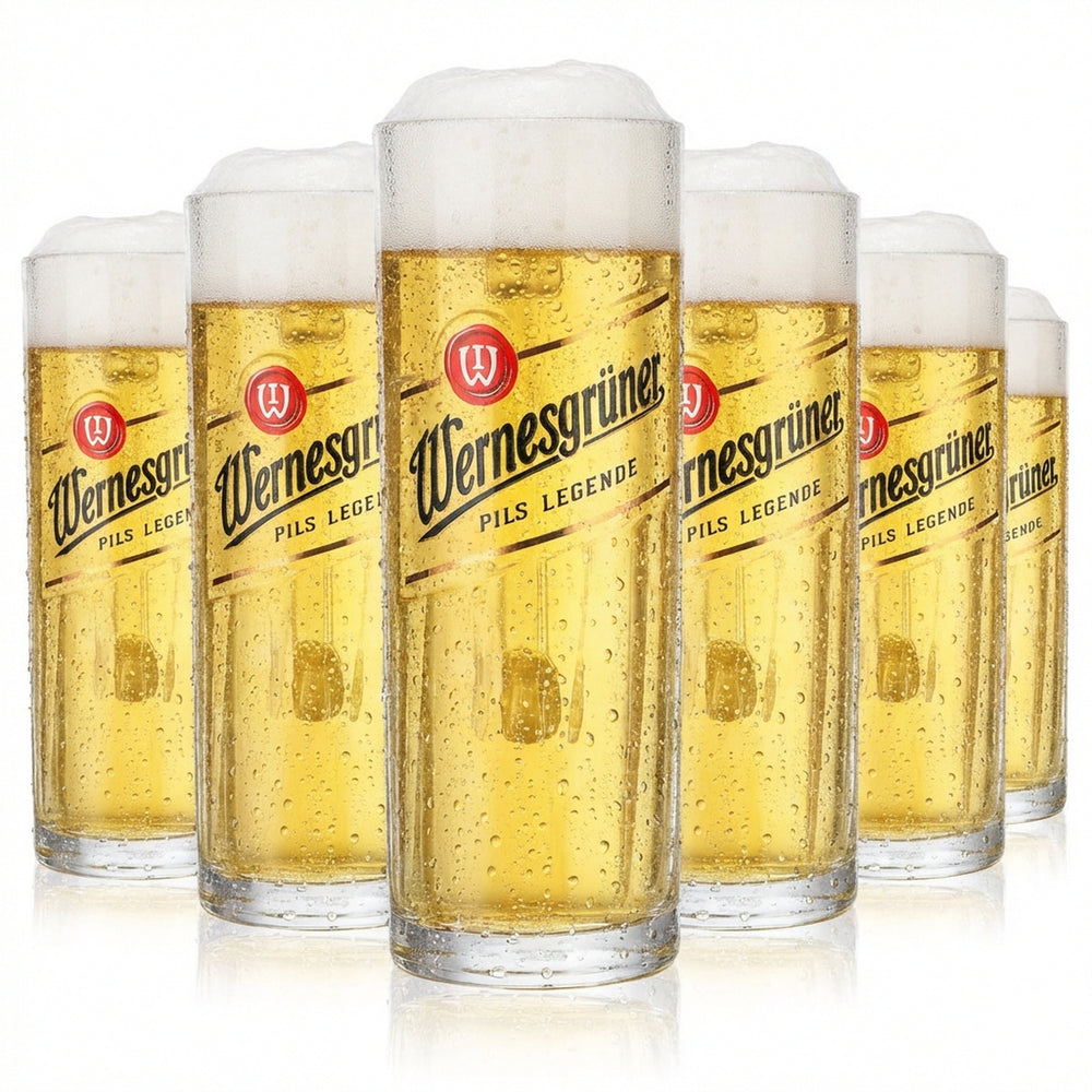 6x szklanka do piwa Wernesgrüner 0,3 l z reliefem w paski Nowe logo Rastal