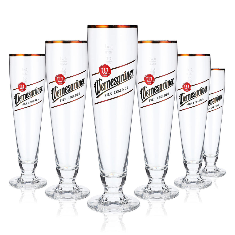 6x szklanki do piwa Wernesgrüner Szklanki do piwa typu kielich 0,4 l ze złotym brzegiem Tulipan