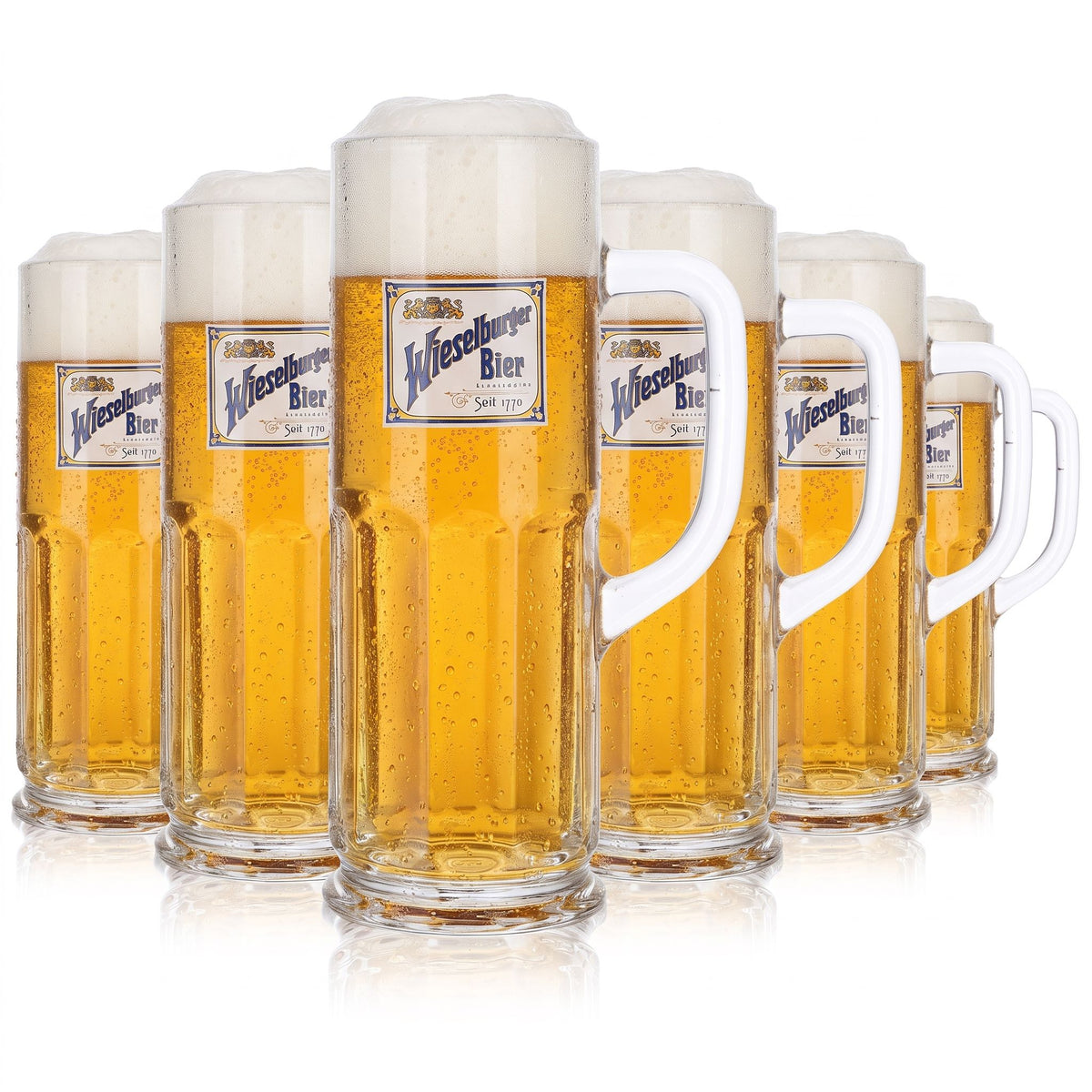 6 szklanek piwa Wieselburger, 0,5 l, kufel „Seit 1770 Seidel Sahm”