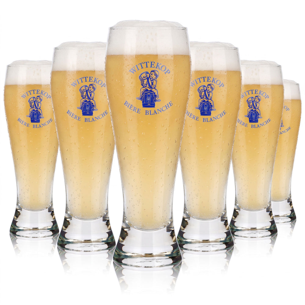 6 szklanek do piwa Wittekop o pojemności 0,38 l, w kształcie pucharu, do piwa Blanche, z niebieskim logo (zestaw 6 sztuk)