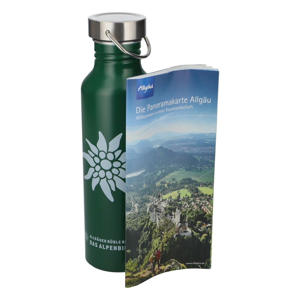 Butelka na piwo „Allgäuer Büble” – zielona, metalowa, 0,7 l, z motywem szarotki – NOWA butelka outdoorowa