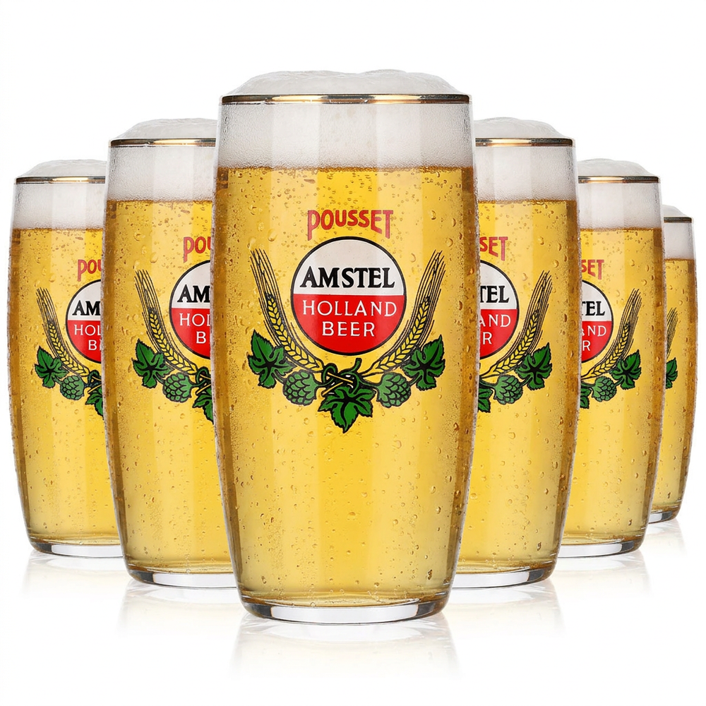 Zestaw 6 szklanek do piwa Amstel Holland, 0,29 l, styl vintage, złota obwódka – rzadkość, szklanka kolekcjonerska