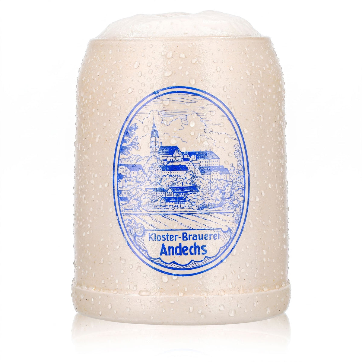 Szklany kufel do piwa Andechs, gliniany dzbanek 0,5 l, niebieskie logo, glina