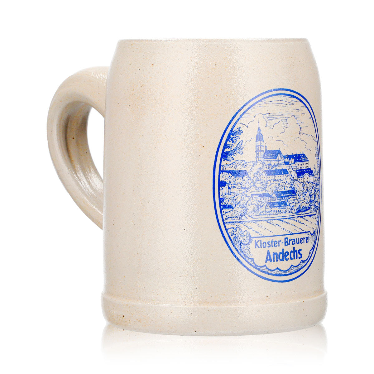 Szklany kufel do piwa Andechs, gliniany dzbanek 0,5 l, niebieskie logo, glina – Widok 3