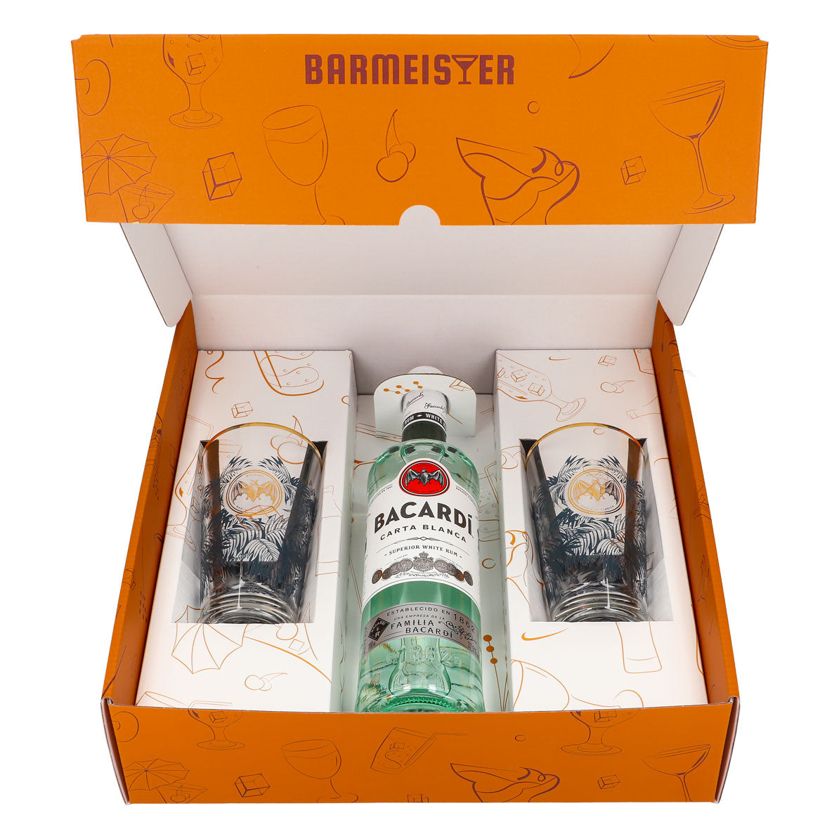Bacardi Rum Geschenkset 0,7l Flasche 37,5 % Vol. + Longdrink Gläser Goldrand–orange – Ansicht 3