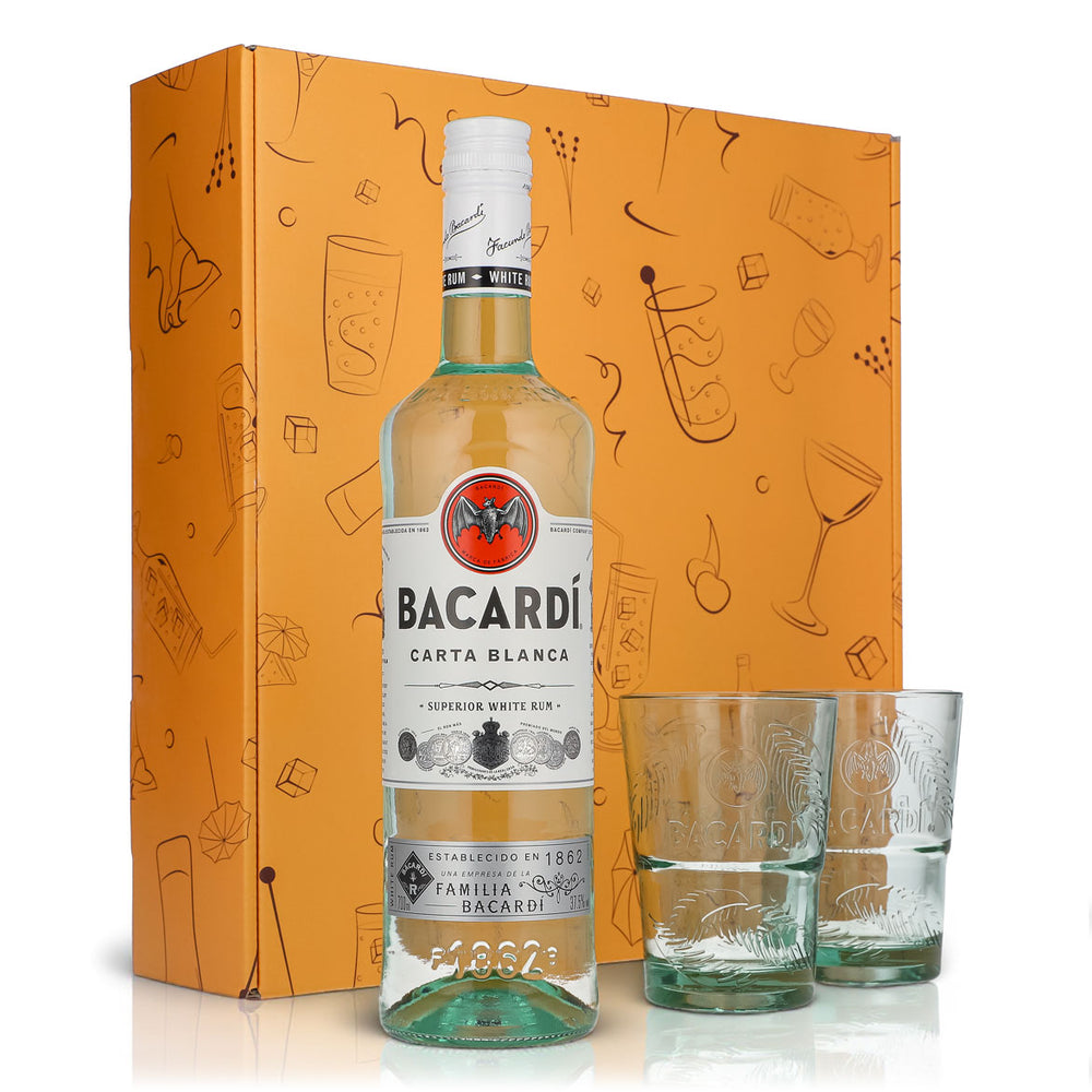 Bacardi Rum Geschenkset 0,7l Flasche 37,5 % Vol. + Longdrink Gläser Palme–orange