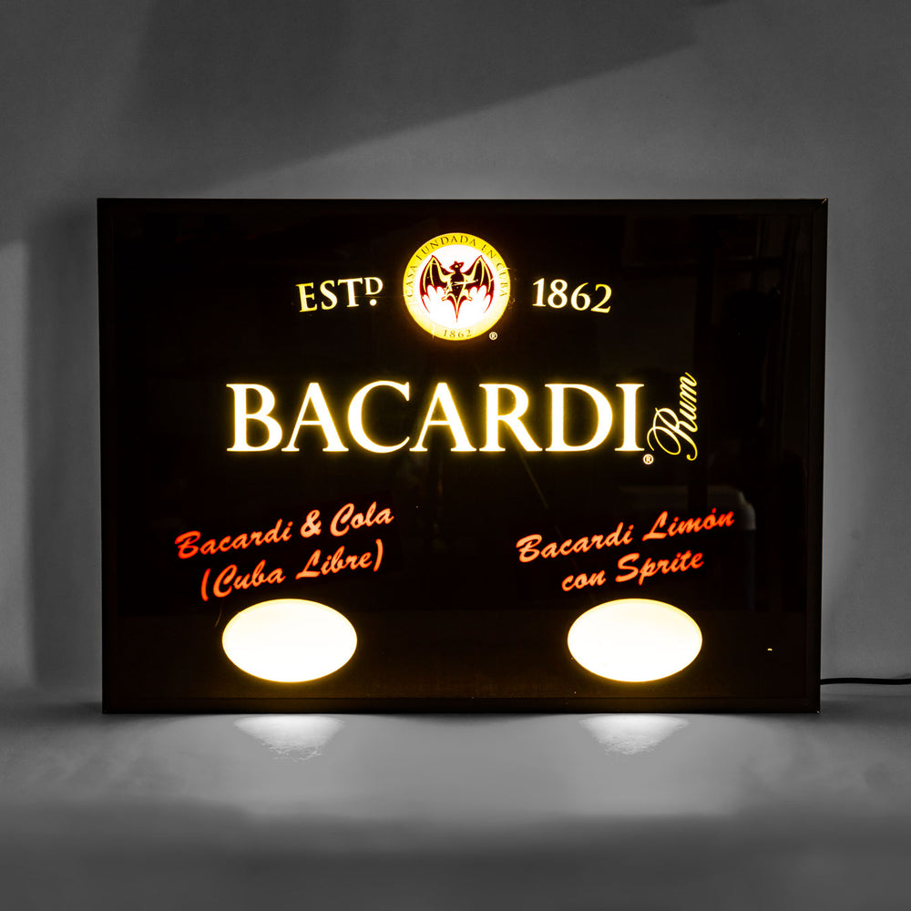 Rzadki neonowy neon reklamowy Bacardi Rum w aluminiowej obudowie, eksponat wystawowy