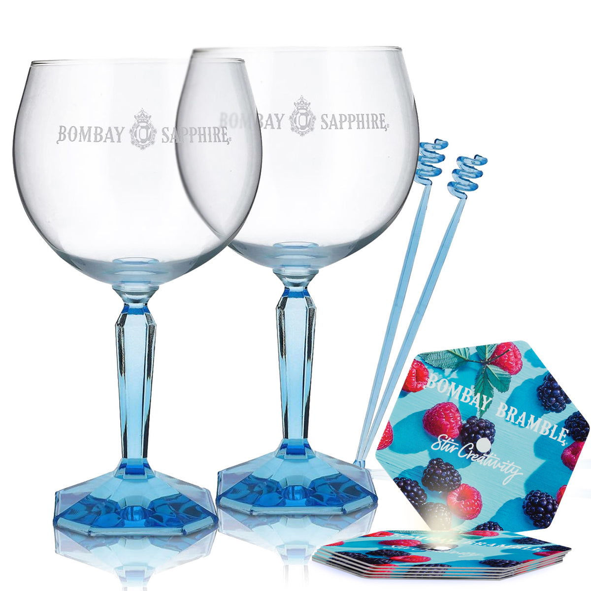 Zestaw Bombay Sapphire Bar Bundle Set I zawierający kieliszki typu balloon, mieszadło i podstawki