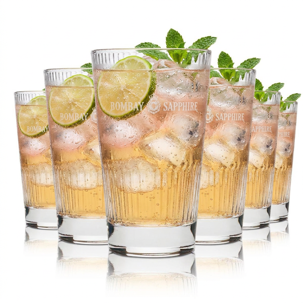 Zestaw 6 szklanek Bombay Sapphire, szklanki typu long drink o pojemności 0,4 l, z motywem „Timeless Relief” – idealne do drinków typu gin tonic