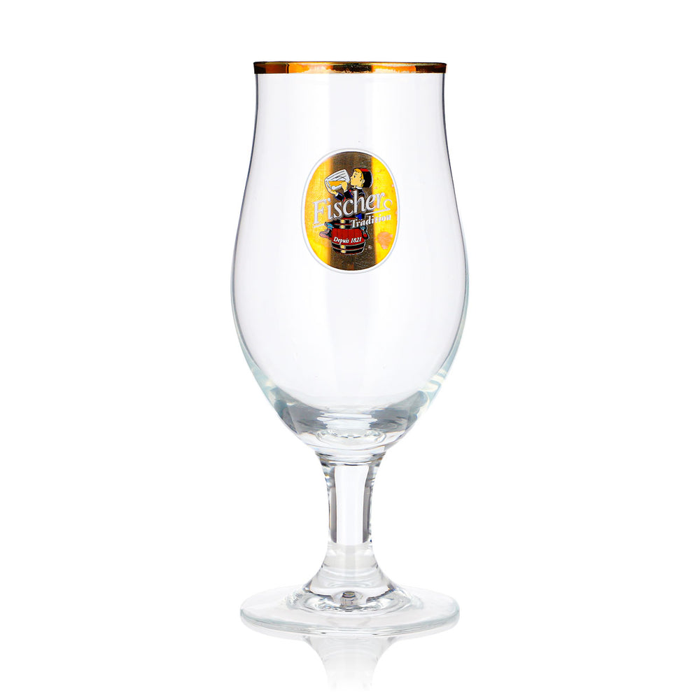 Szklanka do piwa Brasserie Fischer 0,25 l, kształt tulipana, złota obwódka, „Depuis 1821”, szklanka do piwa typu pokal