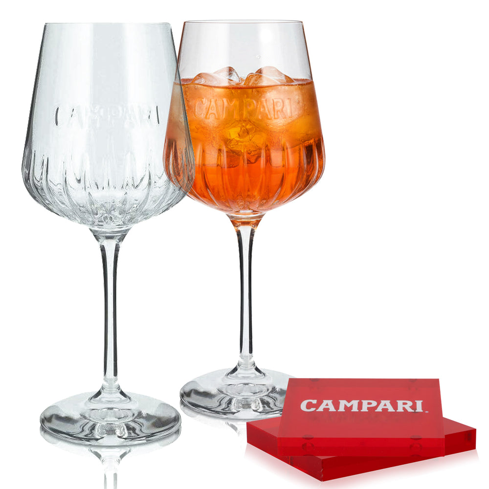 Zestaw barowy Campari Likör Bar Bundle Set I składający się z 2 kieliszków do wina Milano i 2 podstawek