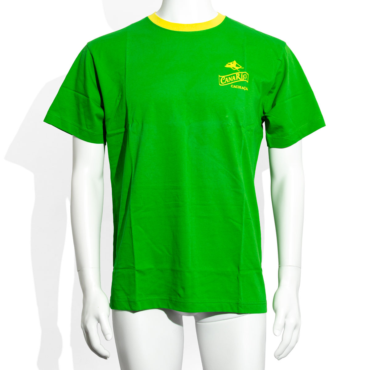 Canario Cachaca T-shirt męski zielony jednolity okrągły dekolt żółta lamówka rozmiar M