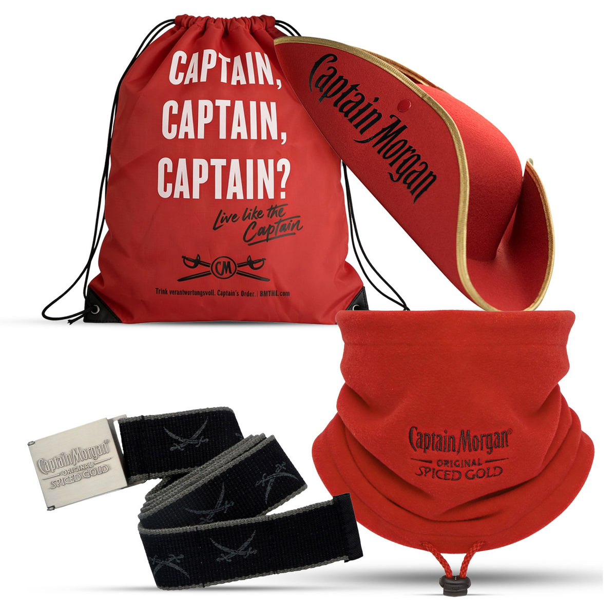 Zestaw Captain Morgan Bar Bundle Set III składający się z szalika, paska, torby jutowej i czapki imprezowej