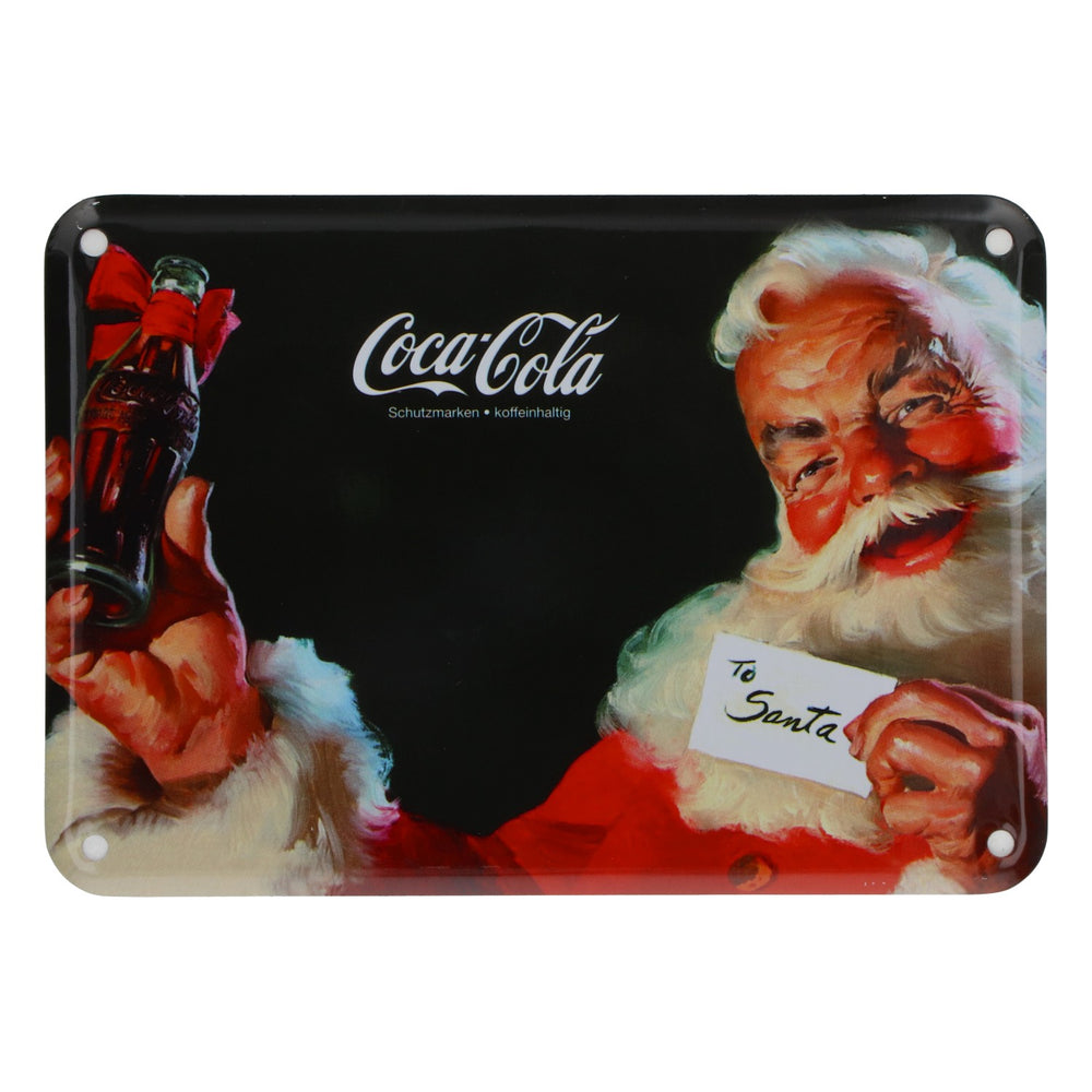 Blaszana tabliczka Coca-Cola z motywem Świętego Mikołaja – metalowa dekoracja w stylu retro, 15 x 10,5 cm