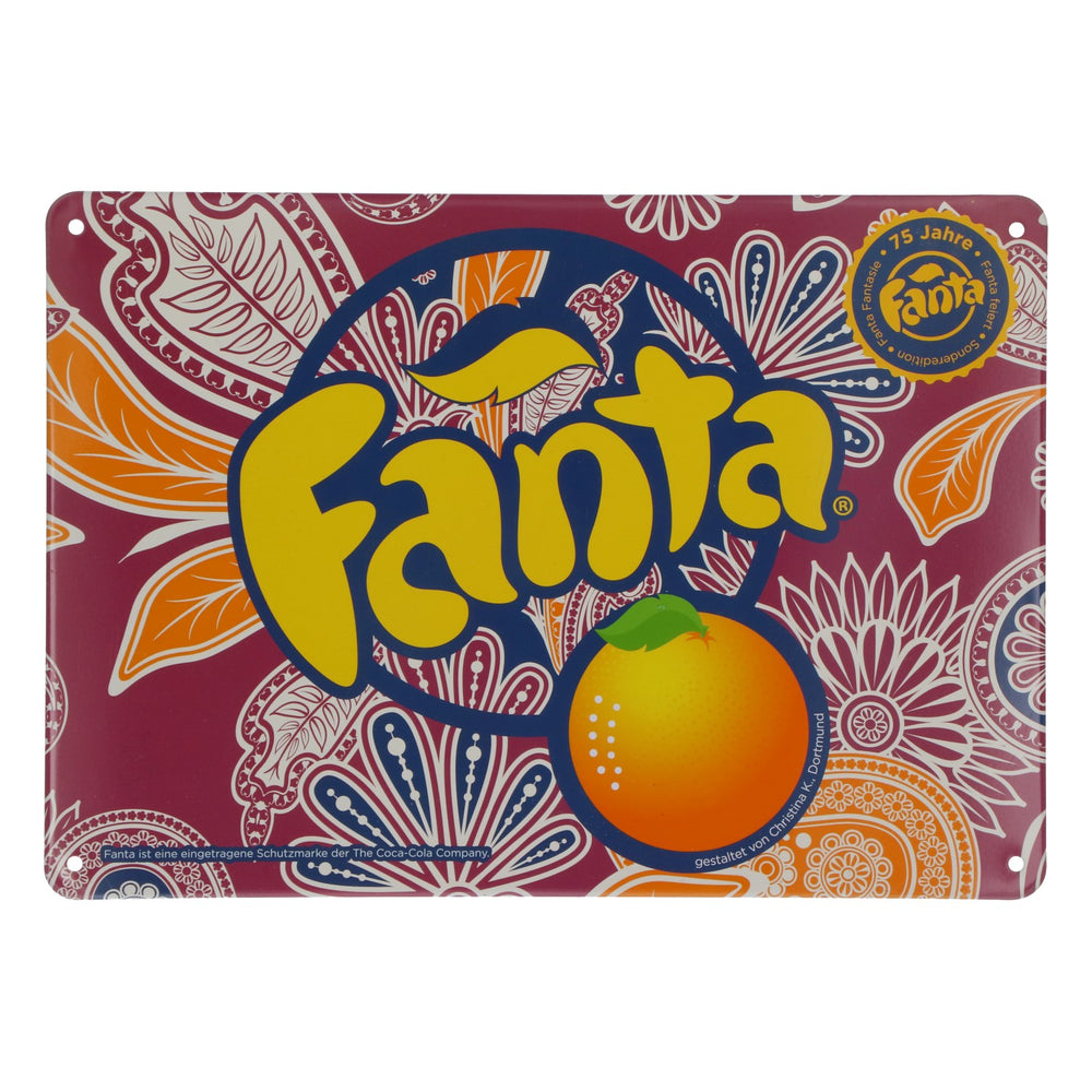 Tabliczka blaszana Coca-Cola z motywem napoju Fanta w kolorze fioletowym, 75-lecie, 21 x 15 cm