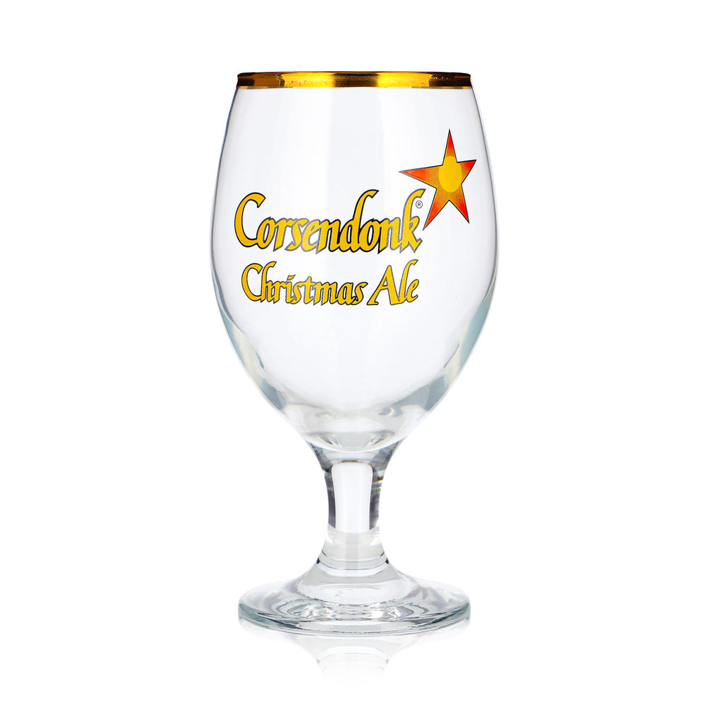 Szklanka do piwa Corsendonk 0,4 l, w kształcie pucharu tulipanowego, Christmas Ale, ze złotym brzegiem