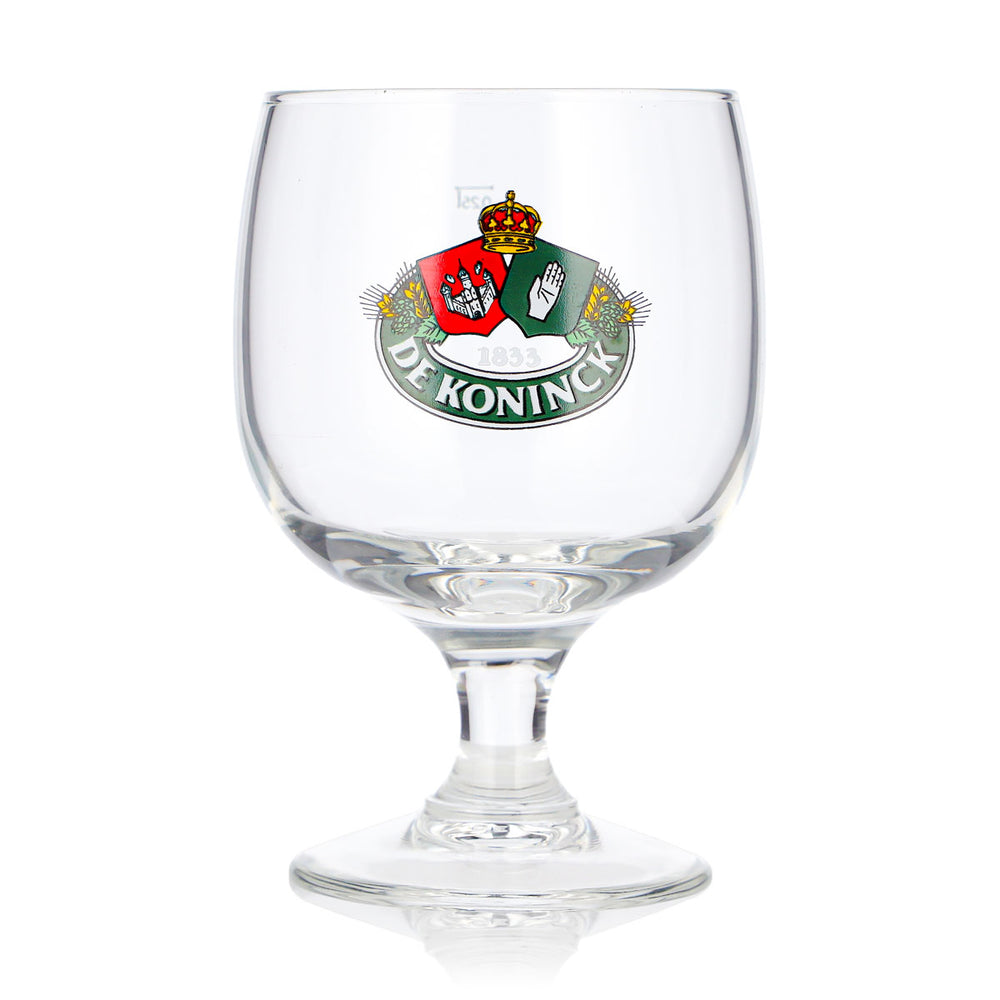 Szklanka do piwa De Koninck 0,25 l, w kształcie tulipana, z zielonym logo, szklanka do piwa, szklanka pucharowa, tulipan do piwa, do degustacji