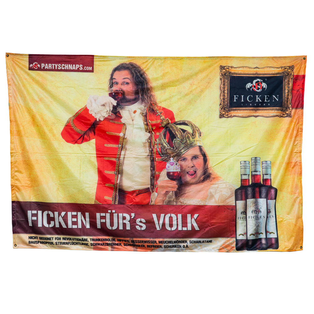 Sztandar z motywem kieliszka z likierem „Ficken” o wymiarach 225 x 150 cm – „Ficken dla ludu” – flaga z poliestru