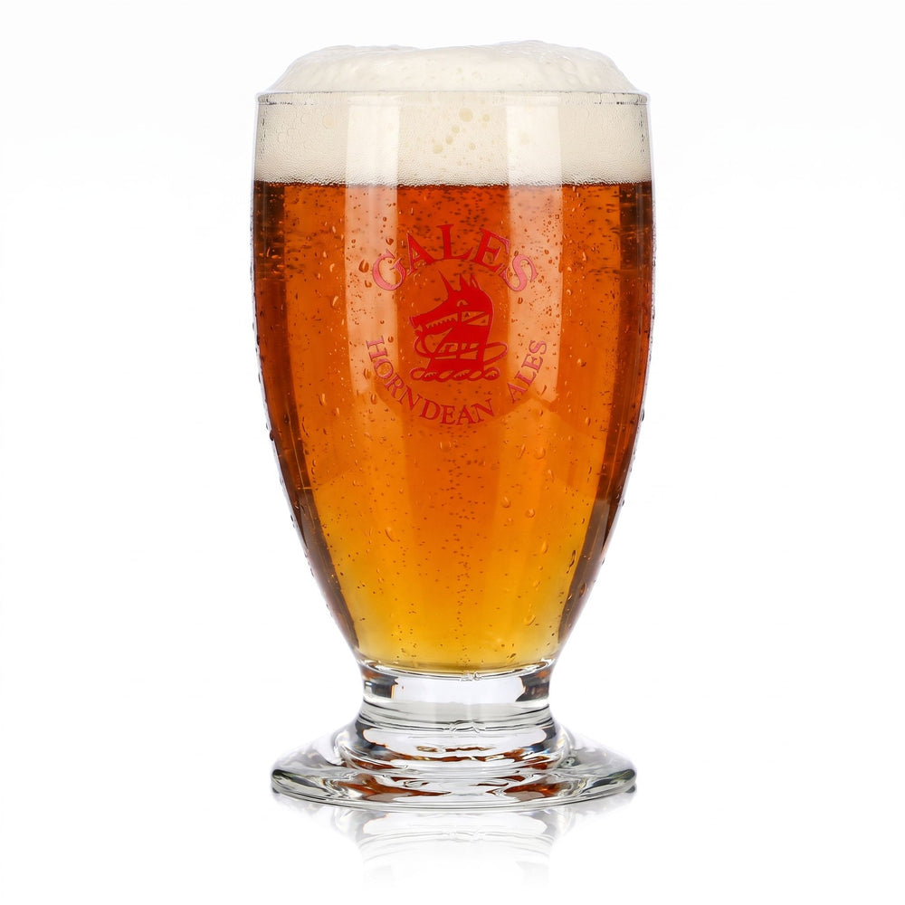 Szklanka do piwa Gales Brewery 0,35 l, kształt tulipana, Horndean Ales, logo z psem, czerwone logo