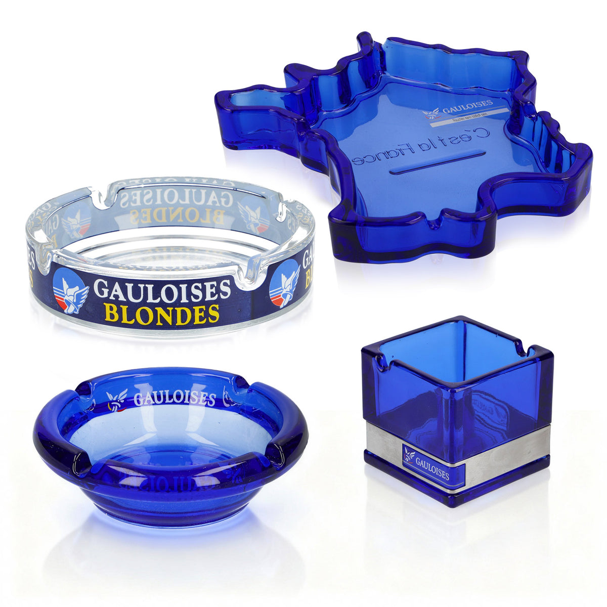 Zestaw Gauloises Smoker Bundle zawierający 3 popielniczki z serii niebieskiej i 1 przezroczystą