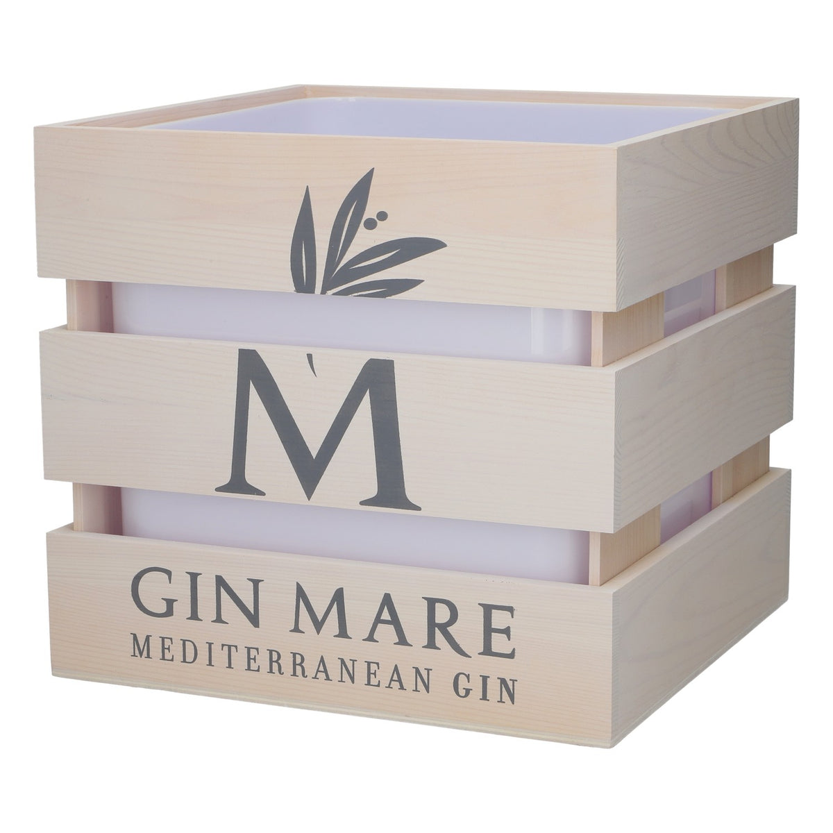Gin Mare – drewniana chłodziarka do butelek z ginem, śródziemnomorski gin, nowość, biała, chłodziarka do szampana