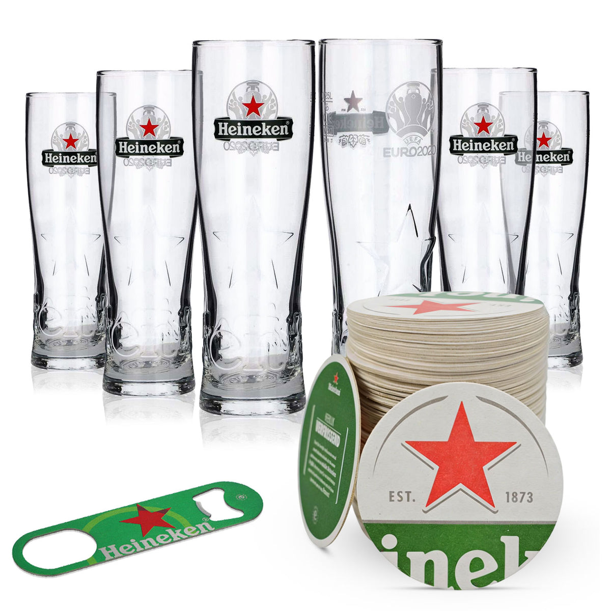 Zestaw piwny Heineken Bundle Set I zawierający 6 szklanek do piwa o pojemności 0,25 l, 100 podkładek pod piwo i otwieracz do butelek.