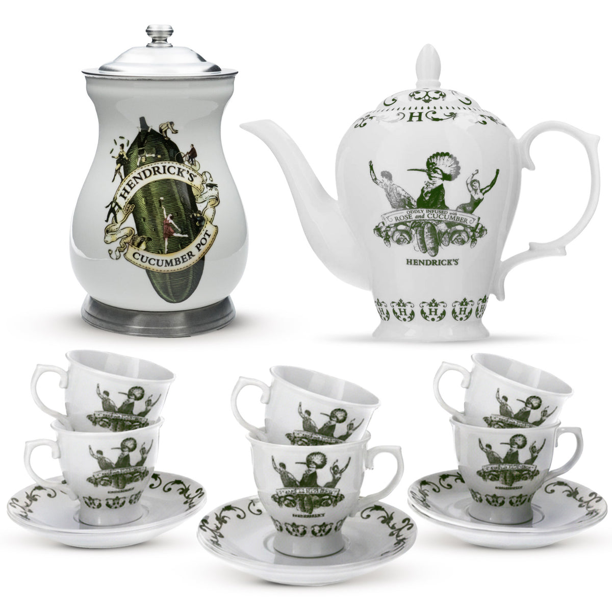 Zestaw porcelanowy Hendrick Gin, 13 elementów, zestaw do herbaty 1,5 l, garnek na ogórki
