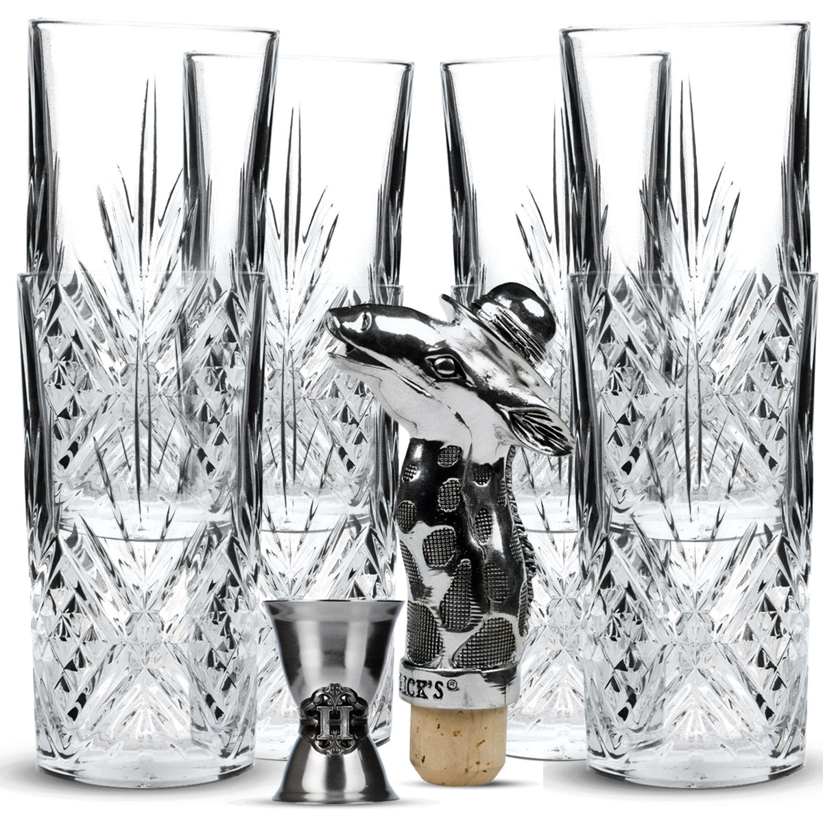 Zestaw Hendricks Gin Bar Bundle Set II zawierający 6 szklanek LD, 1 miarkę, 1 metalowy nalewak