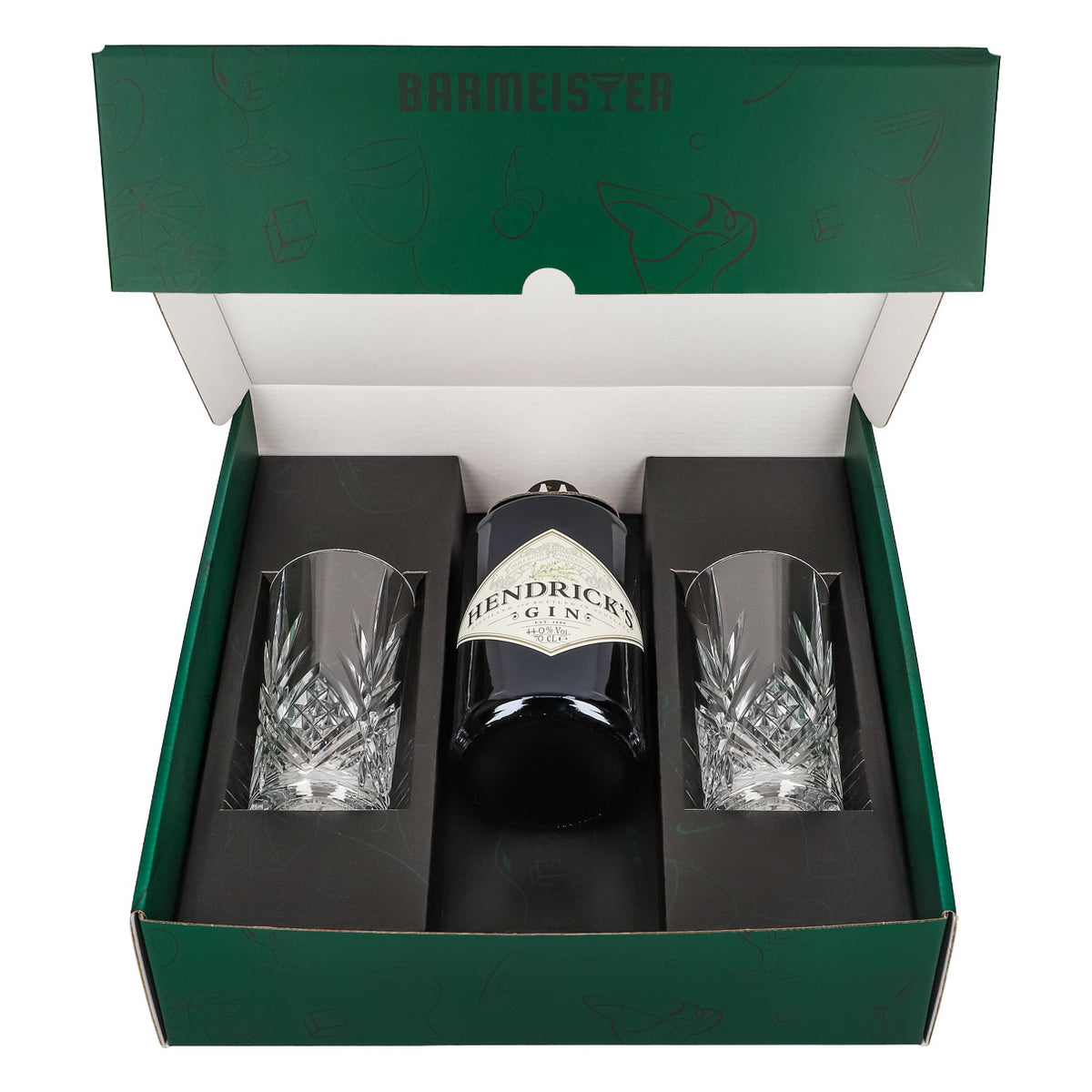 Hendricks Gin Geschenkset 0,7l Flasche 44,0 % Vol. + Longdrinkgläser Relief–Grün – Ansicht 2