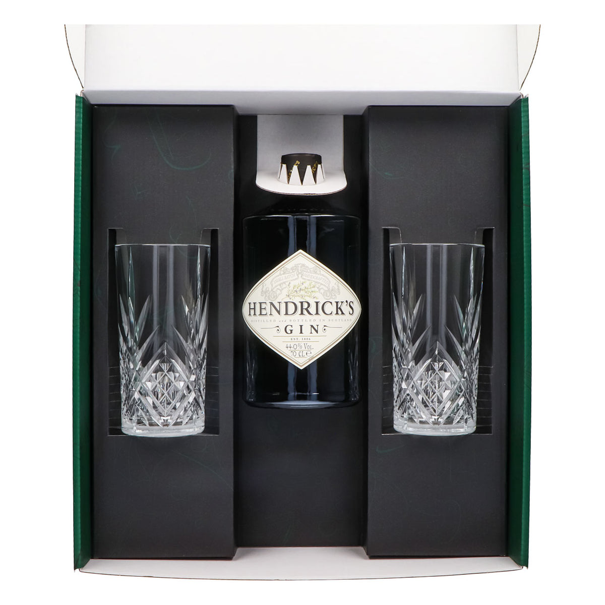 Hendricks Gin Geschenkset 0,7l Flasche 44,0 % Vol. + Longdrinkgläser Relief–Grün – Ansicht 3