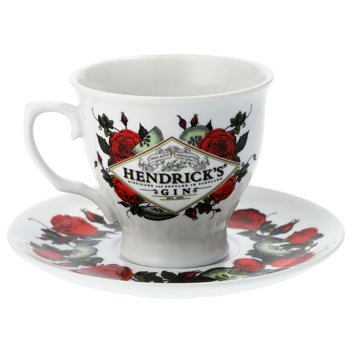 Zestaw ceramicznych białych filiżanek z podstawkami „Hendricks Gin” – Widok 3